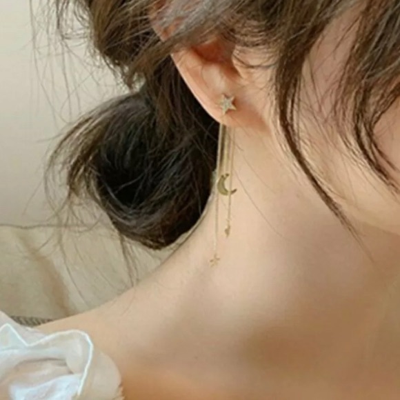 Gold & Crystal Star & Moon Tassel Chain Earrings - Picture 5 of 7